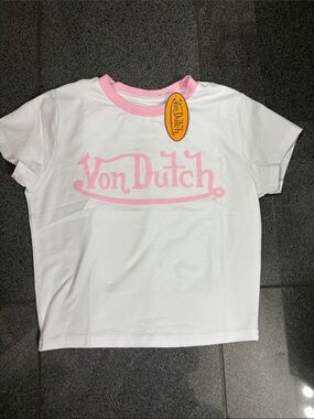 Von Dutch White Tee with Pink Logo & Trim